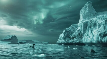 Breathtaking view of the Northern Lights over icy waters, featuring penguins swimming by majestic icebergs under a dramatic night sky.