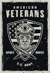 American veterans vintage poster with soldier head and two crossed bullets vector illustration. Layered, separate grunge texture and text