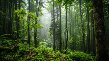 Fototapeta premium Dense forest with towering trees, lush greenery, serene and peaceful, natural beauty, untouched wilderness, vibrant and alive, morning mist, copy space.
