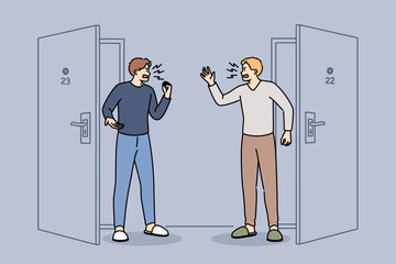 Conflict and cursing of neighbors standing in corridor near door, shouting insults or mutual grievances. Man neighbors stand in hallway of residential building and quarrel over noisy behavior