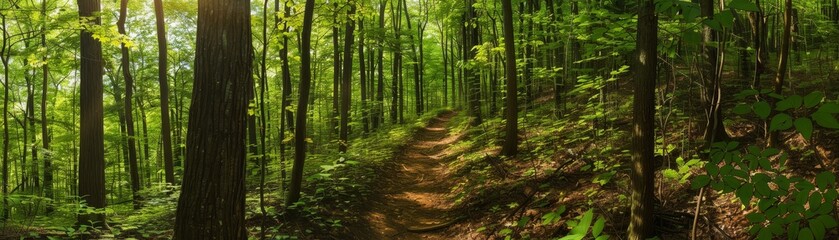 Obraz premium Hiking trail through dense woods, vibrant foliage, serene and peaceful, natural beauty, outdoor adventure, rich and alive, dappled sunlight, copy space.