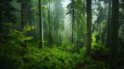 Obraz premium Dense forest with towering trees, lush greenery, serene and peaceful, natural beauty, untouched wilderness, vibrant and alive, morning mist, copy space.
