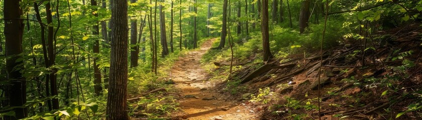 Obraz premium Hiking trail through dense woods, vibrant foliage, serene and peaceful, natural beauty, outdoor adventure, rich and alive, dappled sunlight, copy space.