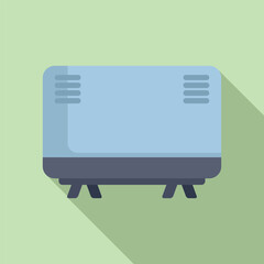 Modern, flat design graphic of a blue toaster on a pastel green background