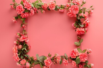 Obraz premium Square frame wreath with blank mockup copy space made of pink rose flowers on pink background. Flat lay, top view minimal floral composition.