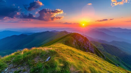 Sunset over a mountain range, majestic and breathtaking, serene and tranquil, natural beauty, vibrant colors, panoramic view, untouched wilderness, copy space.