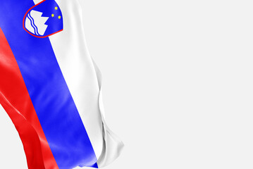 National flag of Slovenia flutters in the wind. Wavy Slovenia Flag. Close-up front view.