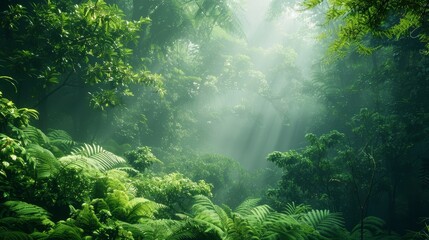 Obraz premium Foggy morning in a dense forest, mysterious and serene, natural beauty, lush greenery, vibrant and alive, peaceful wilderness, dappled sunlight, copy space.