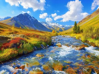Naklejka premium Mountain valley with a flowing river, serene and majestic, natural beauty, vibrant colors, clear water, untouched wilderness, panoramic view, copy space.