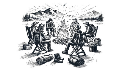 Hand-drawn illustration of travelers around a campfire