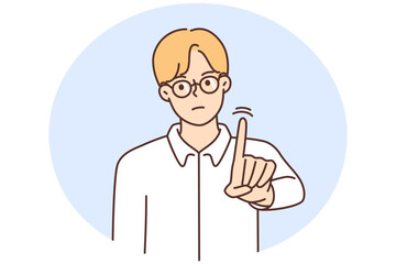 Serious man show finger say no