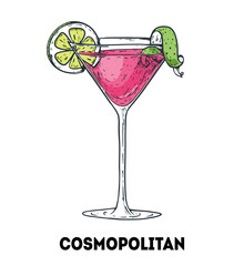 Cosmopolitan cocktail illustration. Hand drawn sketch. Vector illustration. Isolated object.
