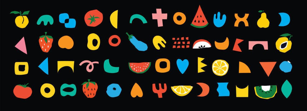 Organic food banner in flat style. Fruits and cereals geometry minimalistic with simple shape and figure. Great for flyer, web poster, natural products presentation templates, cover design.