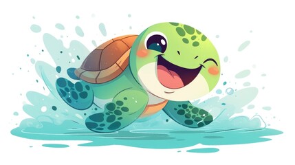Obraz premium The cheerful green cartoon turtle joyfully swims adorned with a big smile on its face