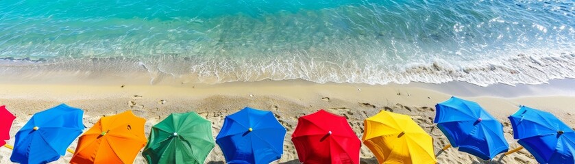 Beach with colorful umbrellas, lively and vibrant, sunny day, joyful atmosphere, natural beauty, sandy shore, crystal clear water, copy space.