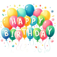 Colorful balloons with 'Happy Birthday' text, perfect for birthday celebrations, invitations, and festive decorations.