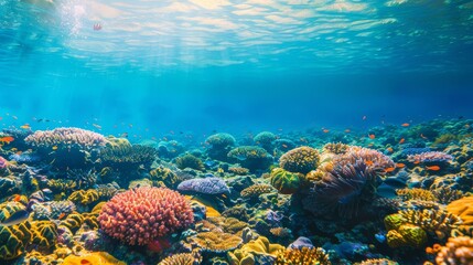 Obraz premium Coral reef under clear blue water, vibrant and colorful, serene and beautiful, marine life, natural beauty, underwater world, bright and lively, copy space.