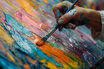 Fototapeta premium Colorful Creation, Close-up of hand painting with brush, Artistic Process