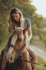 Fototapeta premium A young beautiful woman rides a horse in the forest in autumn. Horseback riding in the evening in autumn.