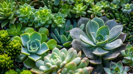 Succulent plants in a garden, vibrant and green, natural beauty, serene and peaceful, detailed textures, botanical variety, bright and sunny, copy space.