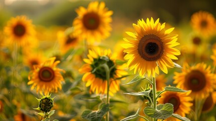 Sunflowers in a field, vibrant and tall, natural beauty, sunny and cheerful, serene landscape, bright and colorful, agricultural scene, copy space.