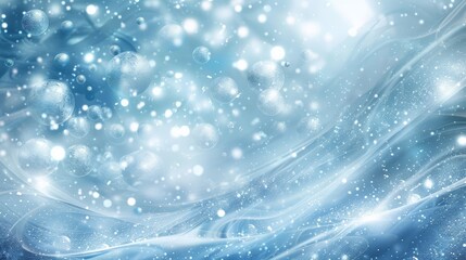 Abstract winter background with swirling blue and silver gradients glowing orbs and ice crystal textures backdrop