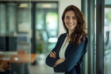 A portrait of a successful woman boss inside the office in a business suit shows a businesswoman smiling and looking at the camera, standing with crossed arms.
