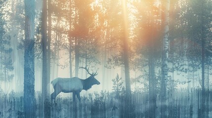 Majestic Elk in Misty Forest Morning - Double Exposure Silhouette with Copy Space and Soft Shades