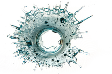 A close-up of a bullet hole in a windshield, with glass shards frozen in time.