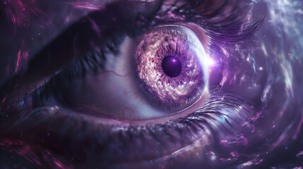 Macro Shot of Eye with Purple Vortex and Cosmic Elements. Generative AI