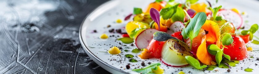 Exquisite vegetarian dish, beautifully plated, gourmet presentation, vibrant and healthy, culinary delight, high-end restaurant, bright and inviting, colorful cuisine, copy space.