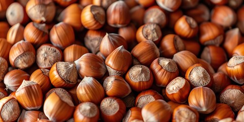 Obraz premium Hazelnuts harvest. Filbert wallpaper. Full frame of hazel in the shell. Cobnut background. A lot of nut kernels. Healthy organic bio products. Vegetarian, vegan, raw food. Back to nature. Healthy fat