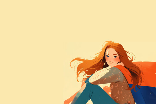 jeune femme rousse cheveux d&eacute;tach&eacute;s, assise confortablement, tenant le drapeau arm&eacute;nien, avec un fond beige clair et espace n&eacute;gatif, copyspace. 