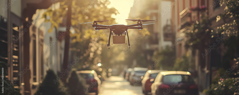 Poster automated drone delivering package to doorstep in urban setting