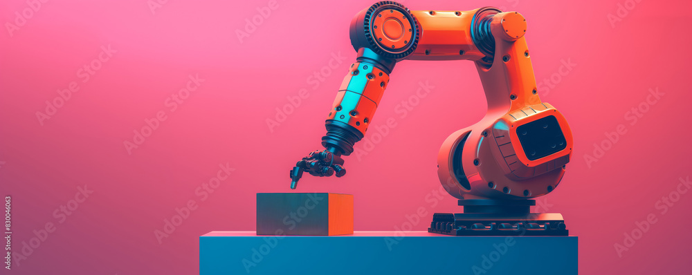 Poster automated robotic arm packing boxes, isolated on a gradient background