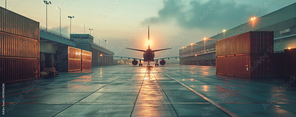 Poster cargo plane loading shipping containers, airport view, background with empty space for text
