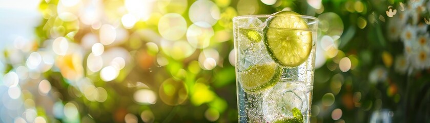 Obraz premium Glass of sparkling water with lime, refreshing and vibrant, cool drink, natural ingredients, bright and inviting, delicious and thirst-quenching, sunny day, copy space.