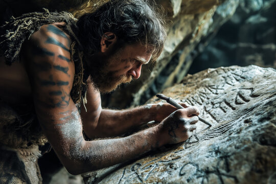 Caveman carving symbols into stone for primitive writing 