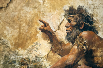 Caveman communicating with primitive language and gestures 