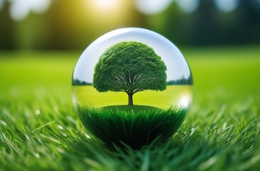 A tree in a glass sphere on the green grass