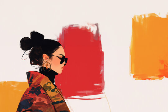 jeune femme japonaise cheveux noirs retenus par un chignon de samoura&iuml; avec des lunettes de soleil, pull noir et manteau imprim&eacute;, sur un fond jaune et rouge textur&eacute; avec espace n&eacute;gatif copyspace