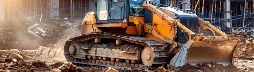 Worker operating a bulldozer, construction site, heavy machinery, vibrant and active, building project, bright and dynamic, urban development, copy space.