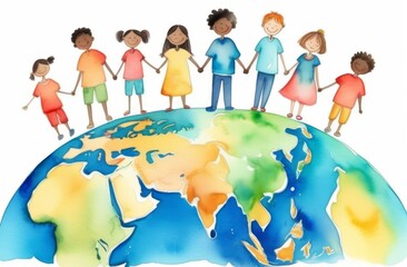 Children of different nationalities stand on the globe