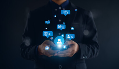 Social media and digital online concept, man using smart phone with Social media. The concept of...