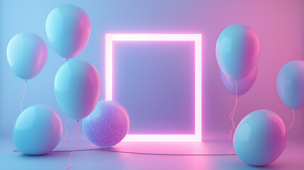 Charming Neon Frame Surrounded by Blue Balloons