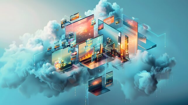 A computer screen is shown in a cloud of clouds. The image is a collage of many different screens, each with a different city or town on it. Scene is one of chaos and disorganization
