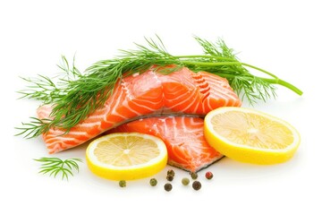 Baked salmon fillet with lemon slices and dill on a white background