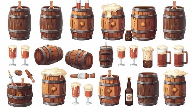 Collection of wooden barrels and glasses filled with beer