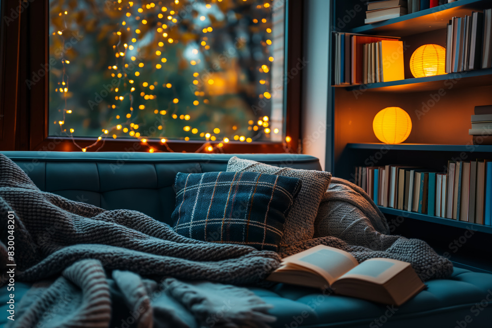 Poster cozy night time reading nook with ambient lighting, background with empty space for text