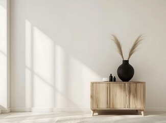 Minimalist plain white wall background with boho cabinet, black vase and beautiful accessories in the style of Japandi interior design